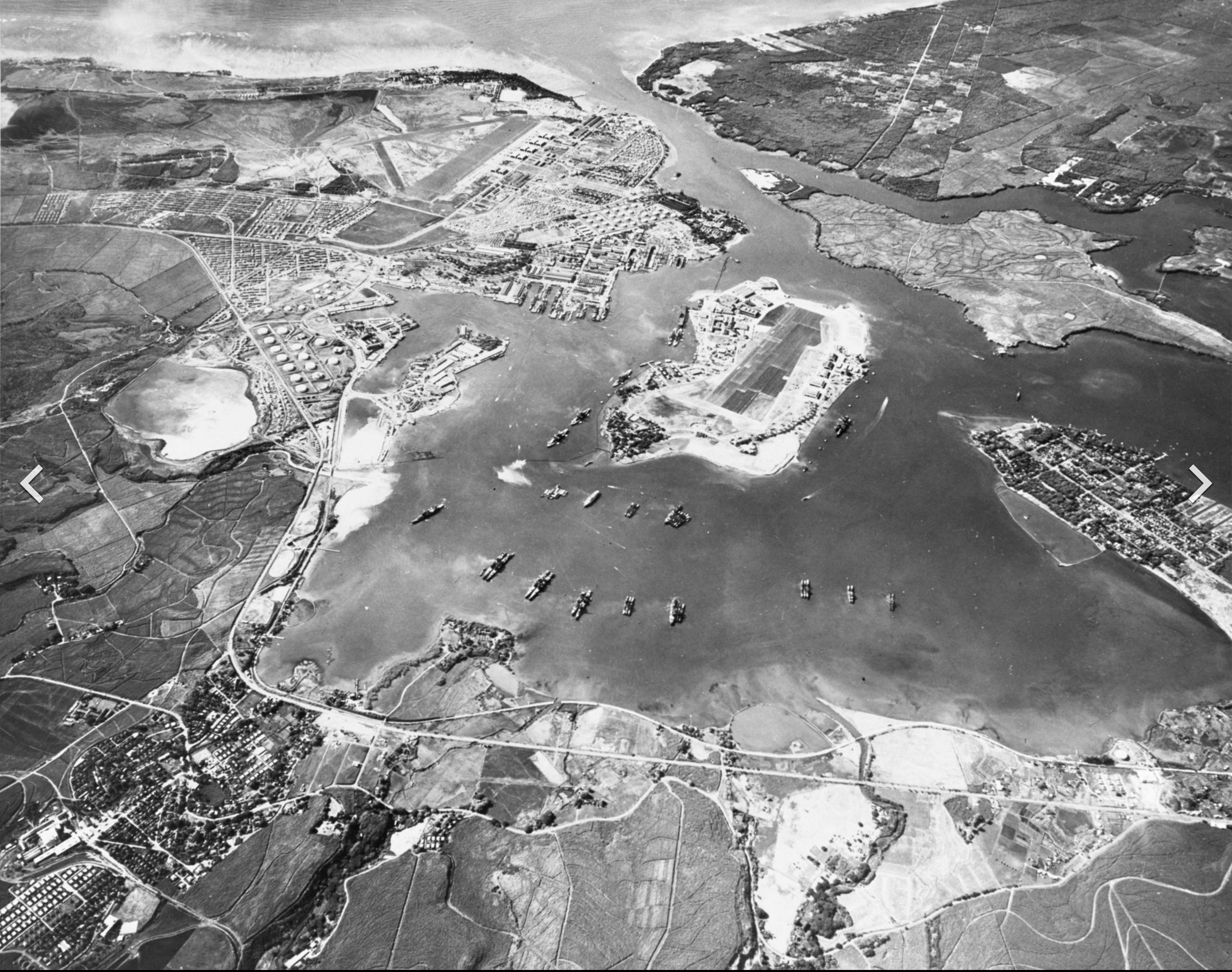 Book Figure 14. Pearl Harbor, October 30, 1941. Ford Island in center. Battleship Row just to left of Ford Island