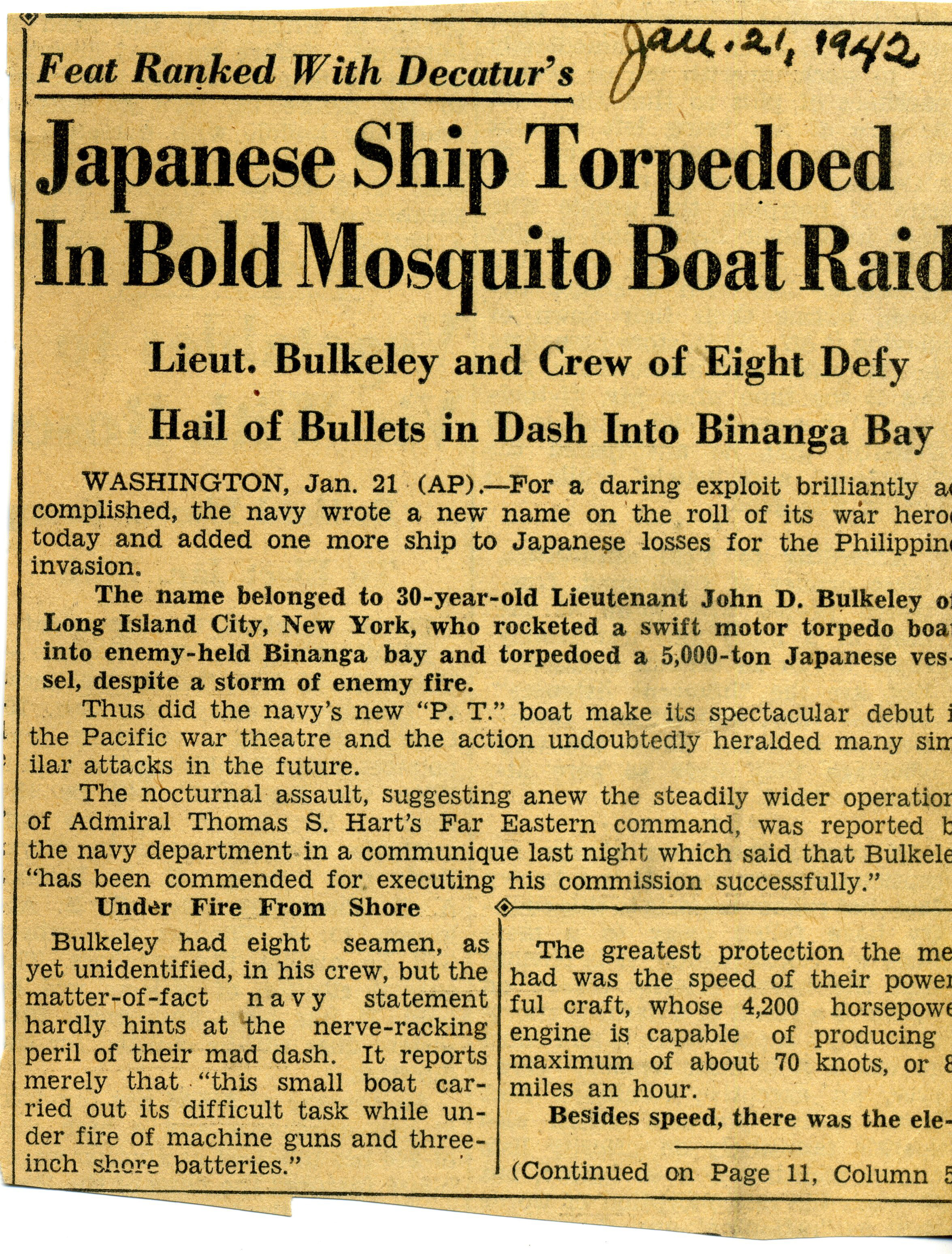 Book Figure 37. Lt. Bulkeley PT Boat Raid. Roanoke World-Newsclipping (January 21, 1942).