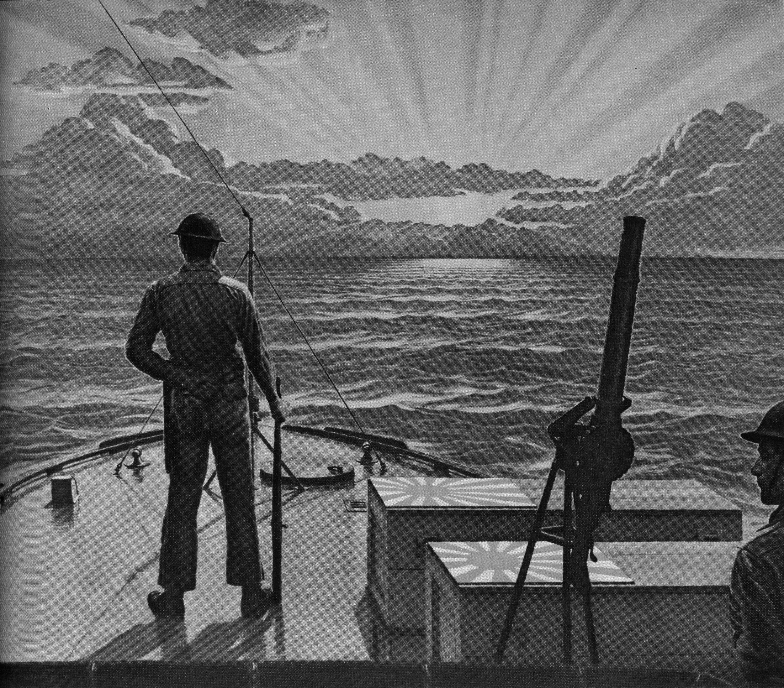 Book Figure 46. Sinking Sun (Battle of Midway, PT boats carrying Japanese pilots out to sea for burial), Griffith Baily Coale oil painting