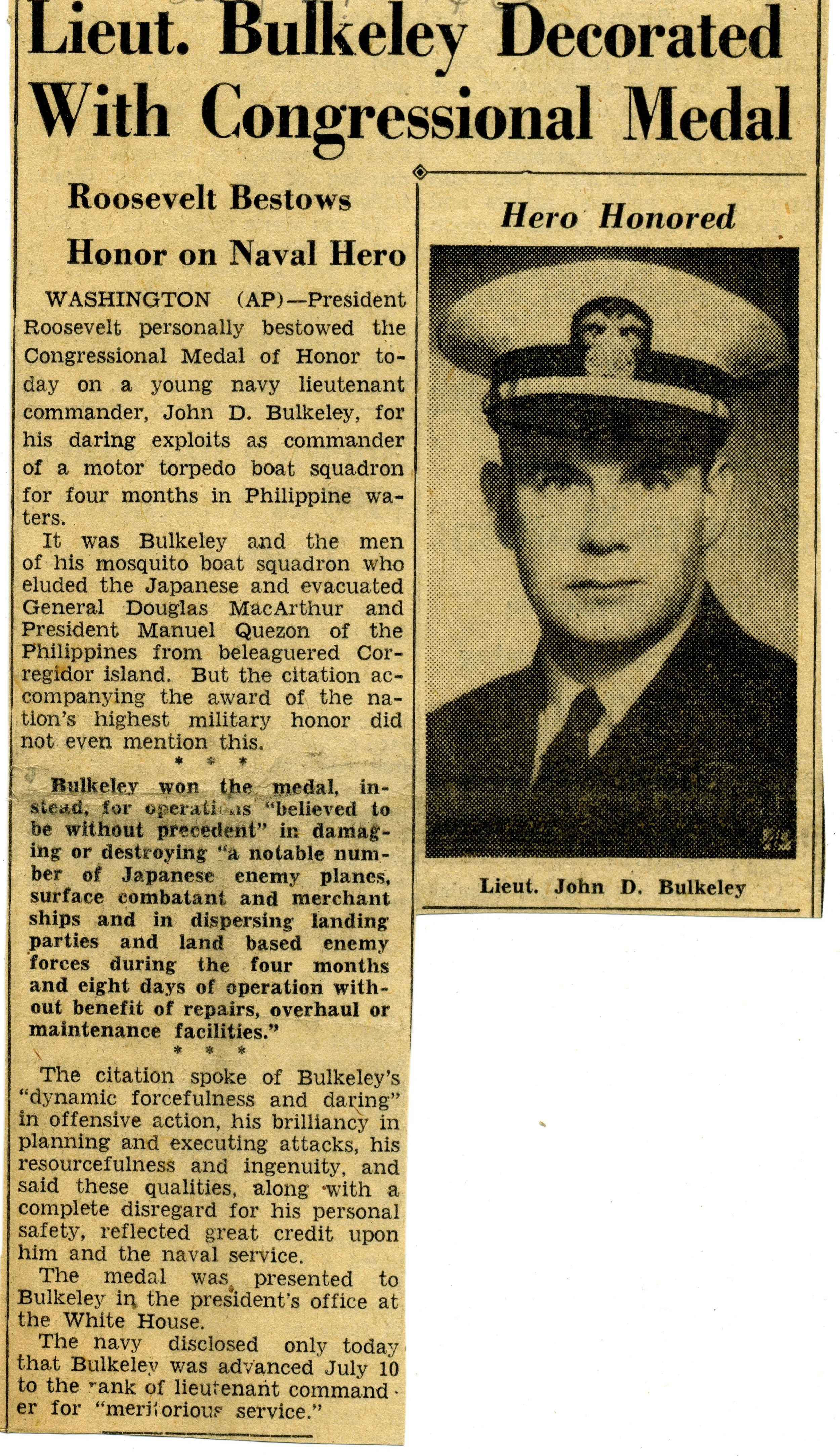 Book Figure 55. Lt. Bulkeley Congressional Medal of Honor. Roanoke World-News clipping, 1942.
