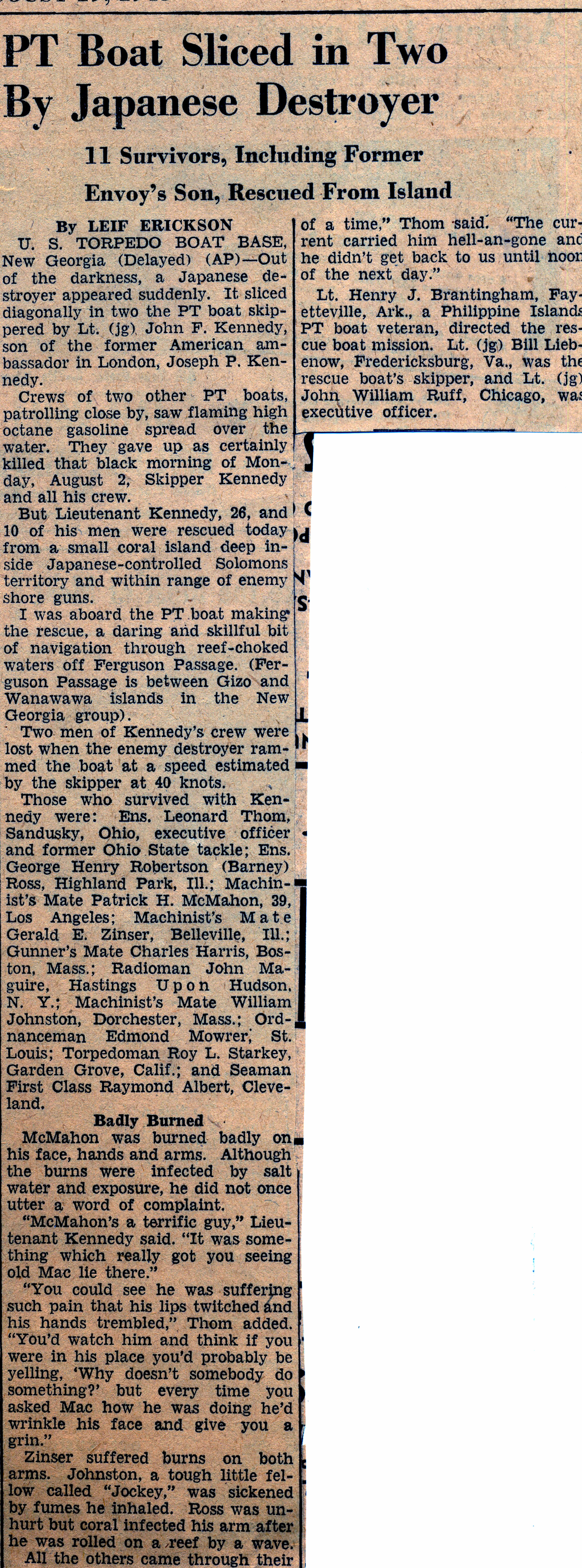 Book Figure 56. August 19, 1943. Japanese destroyer cuts Lieutenant Kennedy’s boat in half. Roanoke World-News clipping