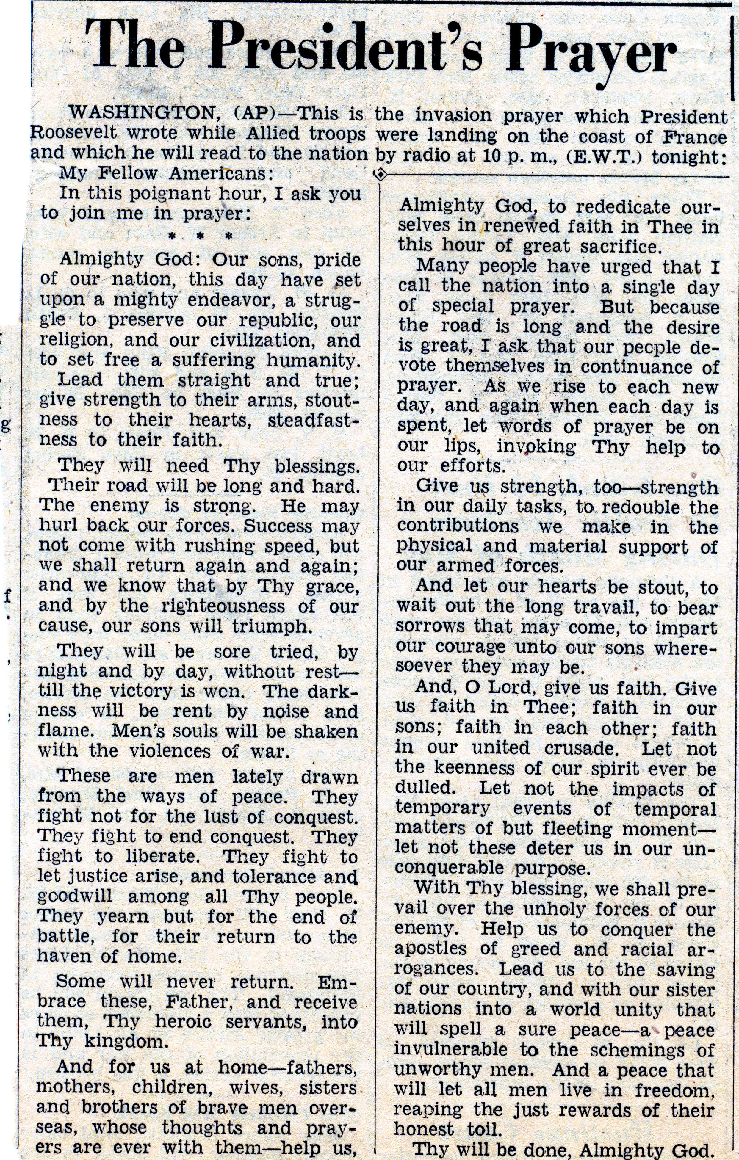 Book Figure 82. The president’s prayer, 6/6/44. Roanoke World-News clipping