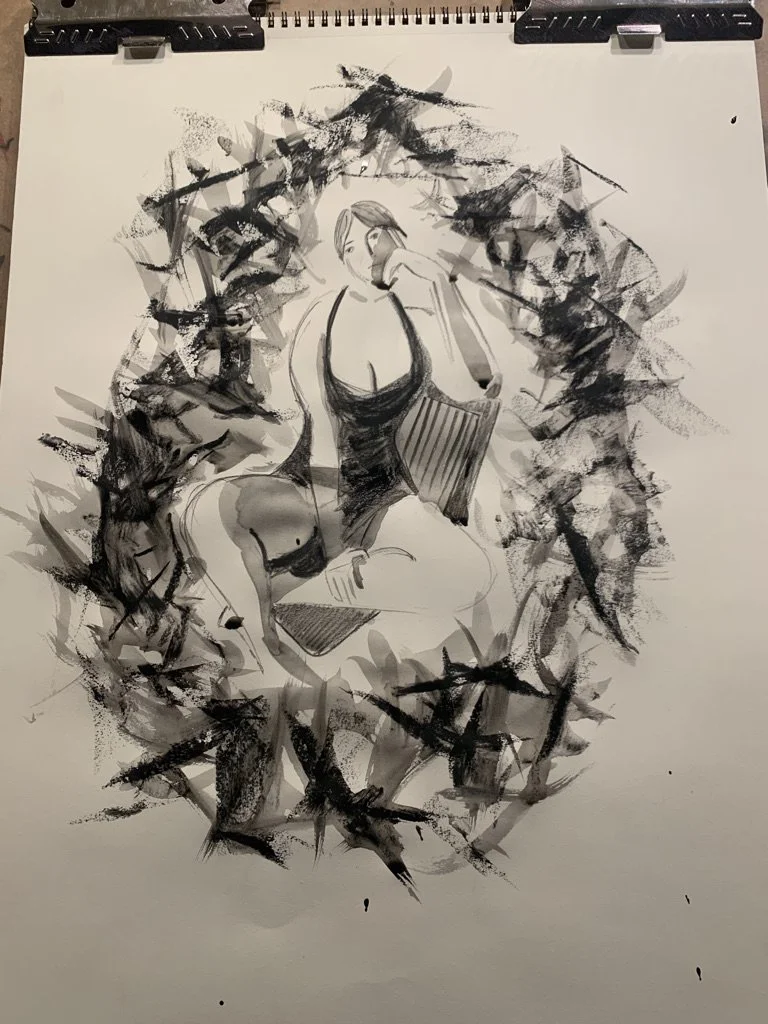 "Soft and Sharp" Charcoal and Ink