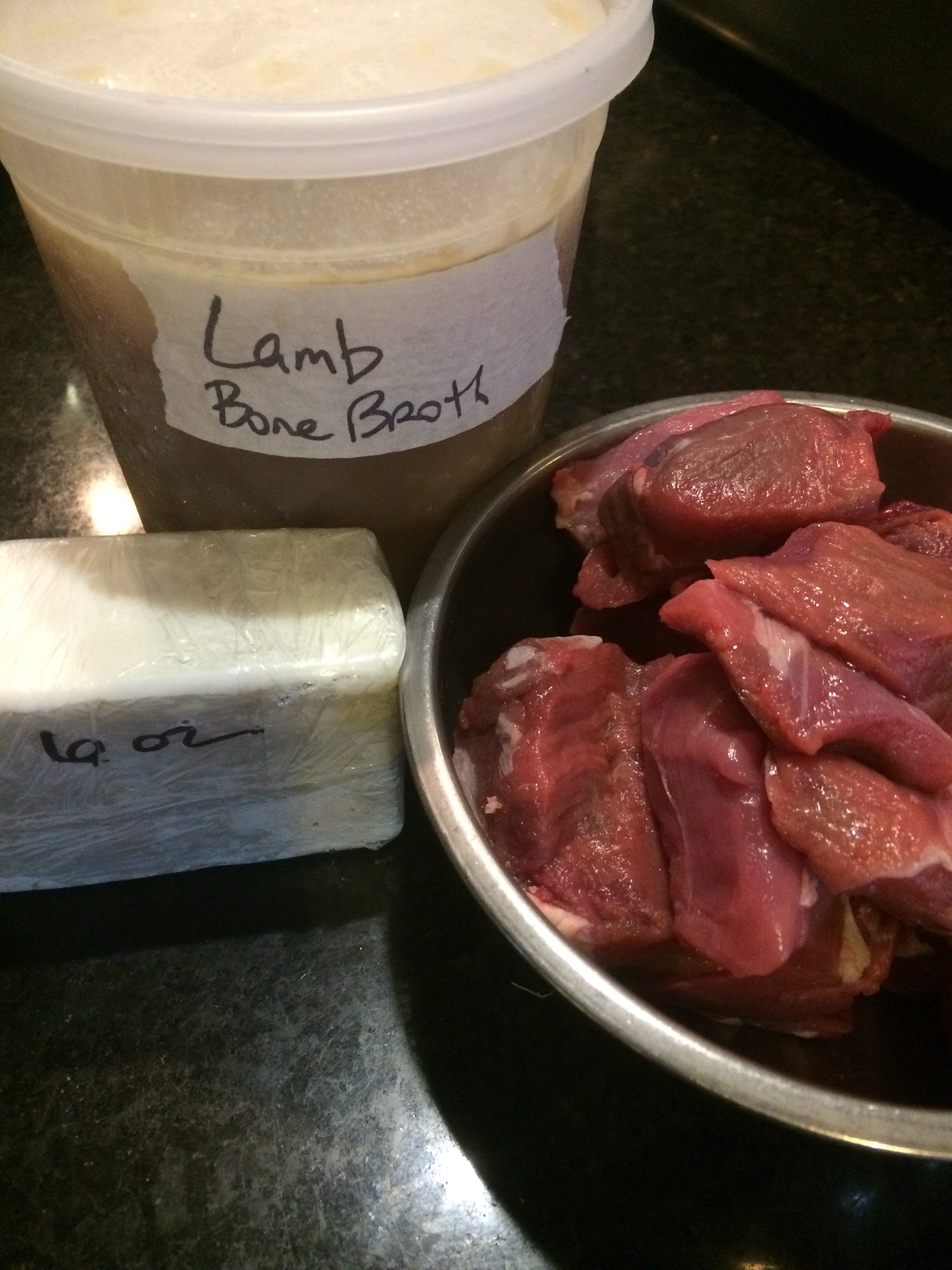 Lamb Bone Broth, Lard, and Stew Meat