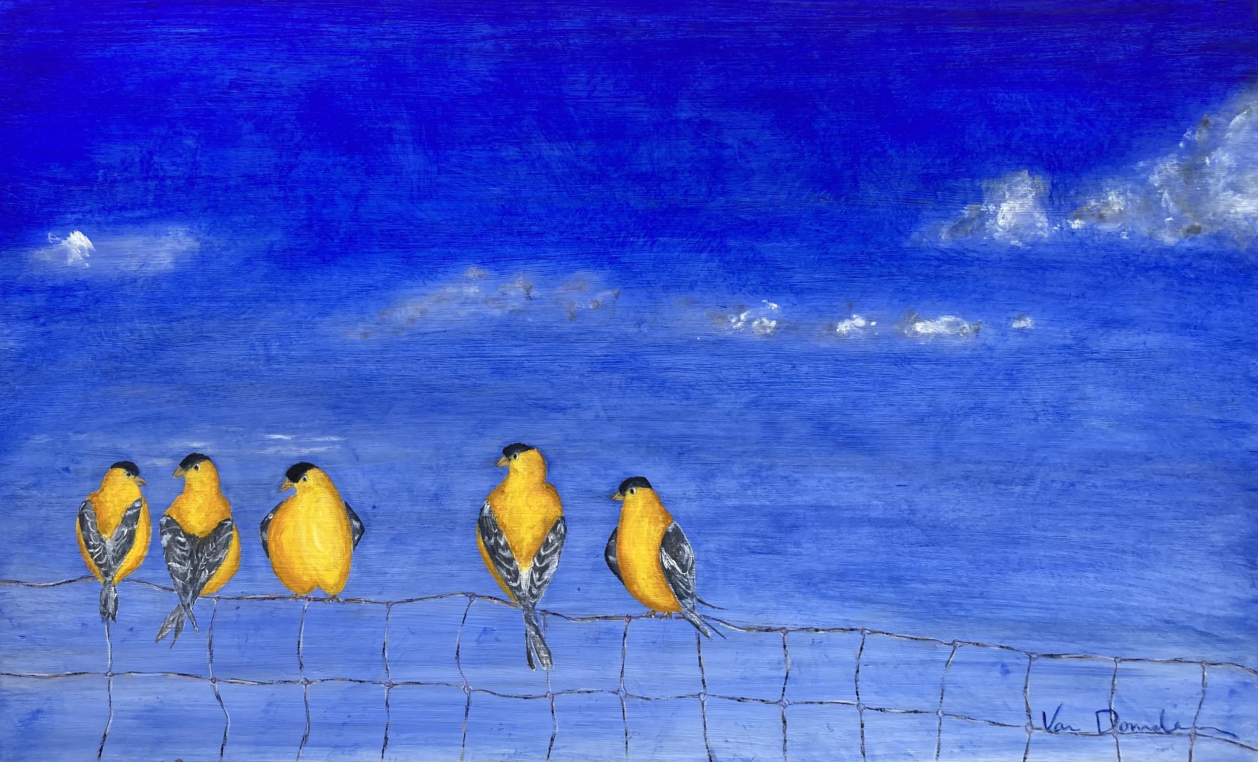 Goldfinches, acrylic on board, aprox 28x14"
