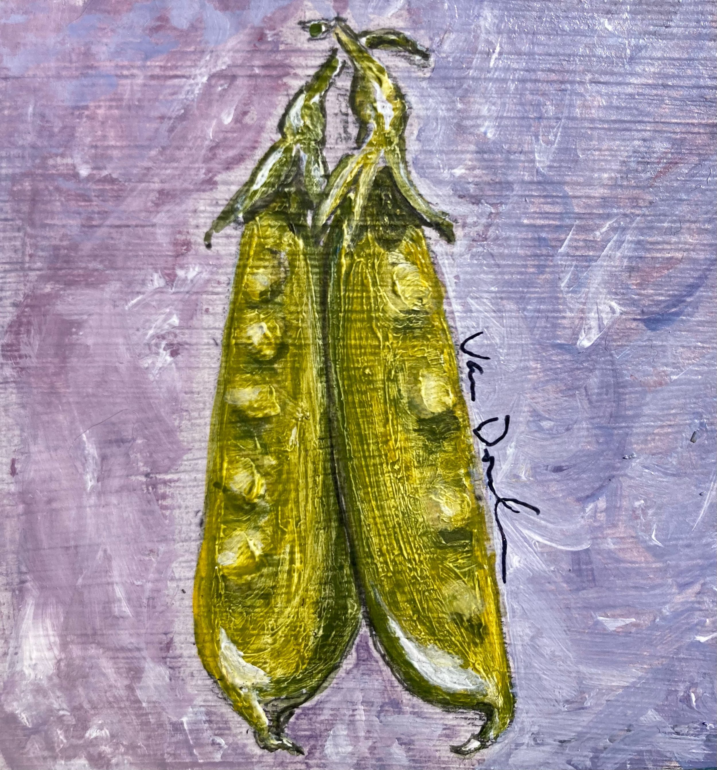 Two Peas in Two Pods, acrylic on paper, aprox 3x5"