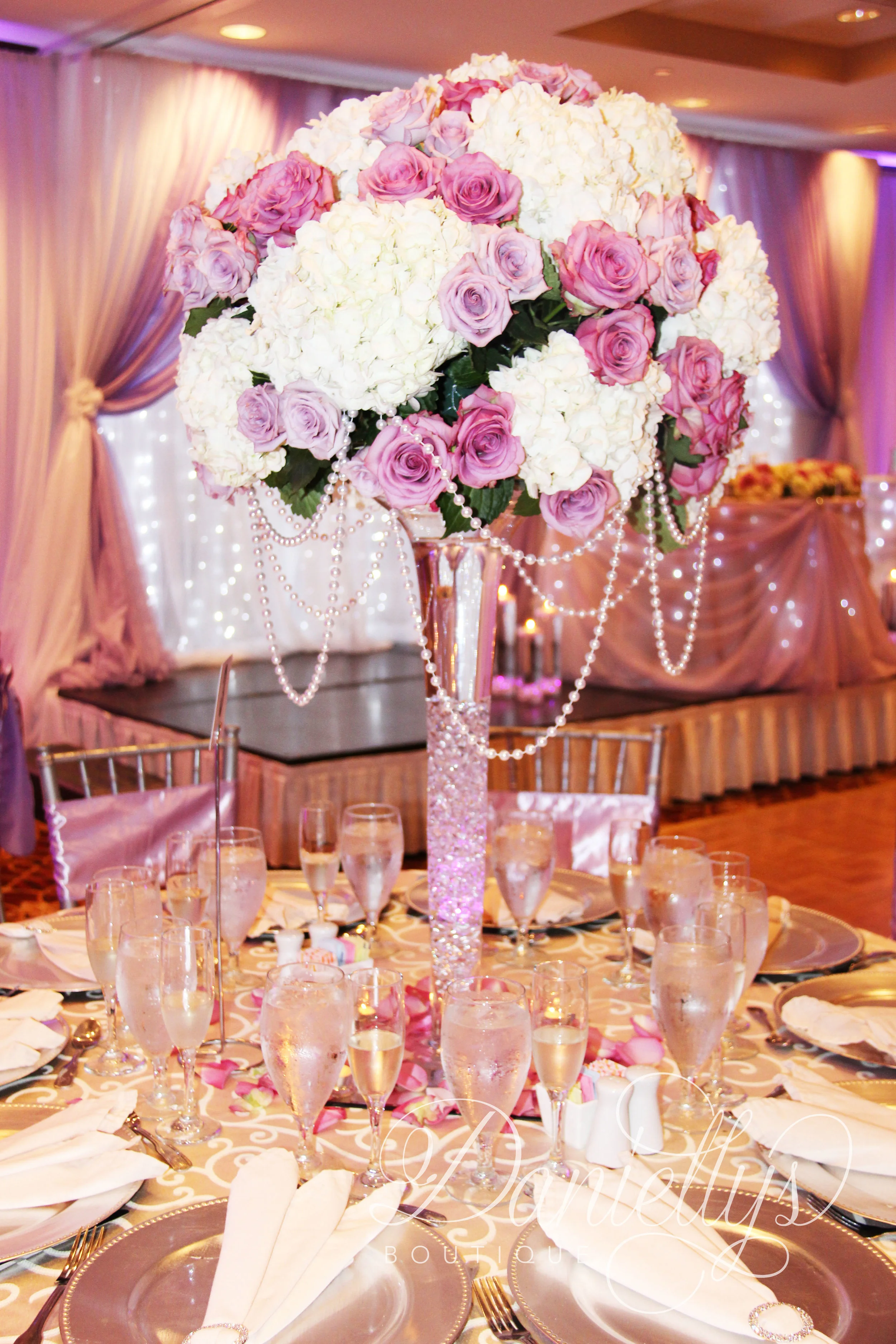 Romantic Tall Lilac Hydrangea and Rose Centerpiece with Hanging Pearls