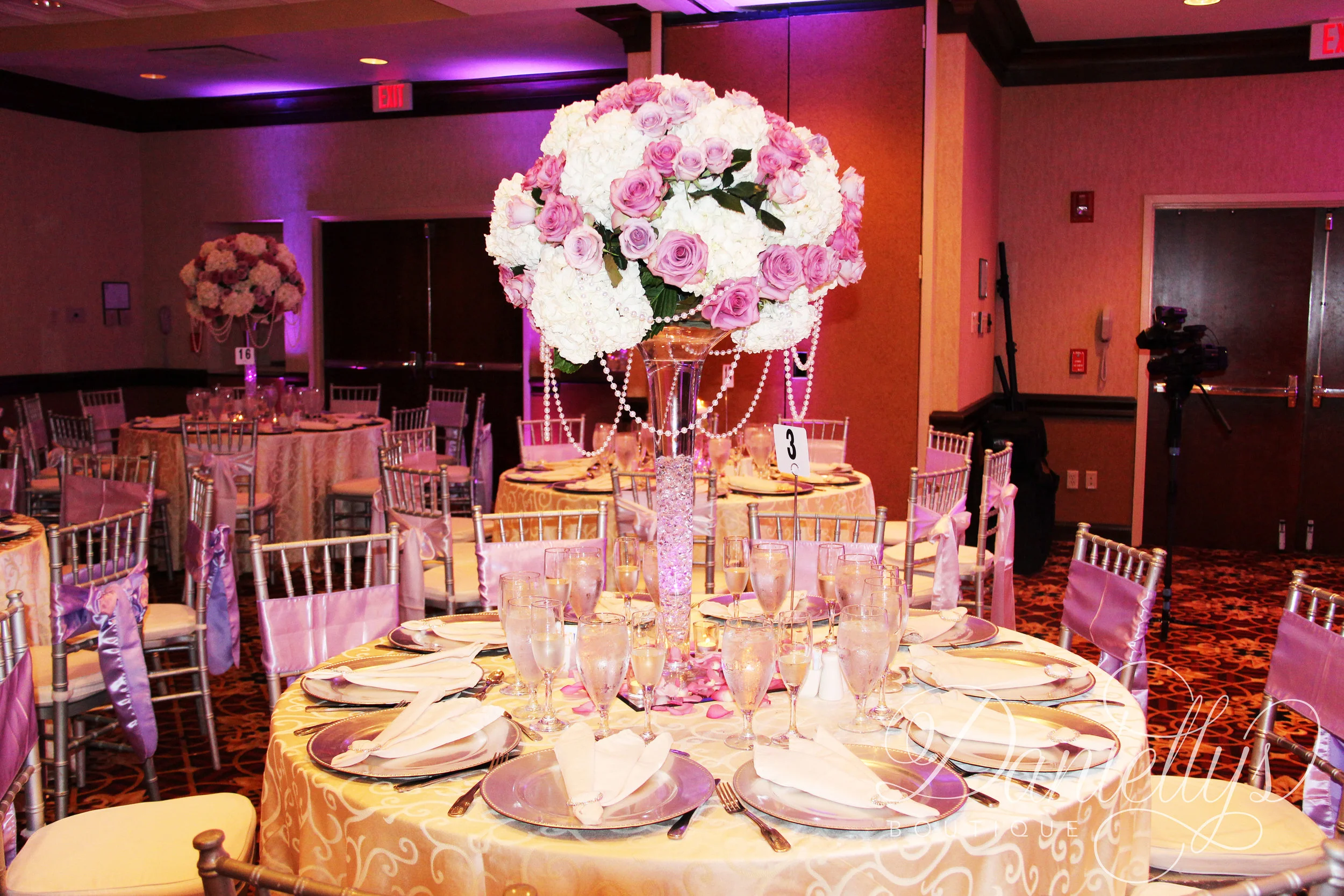 Tall Lilac Hydrangea and Rose Centerpiece with Hanging Pearls