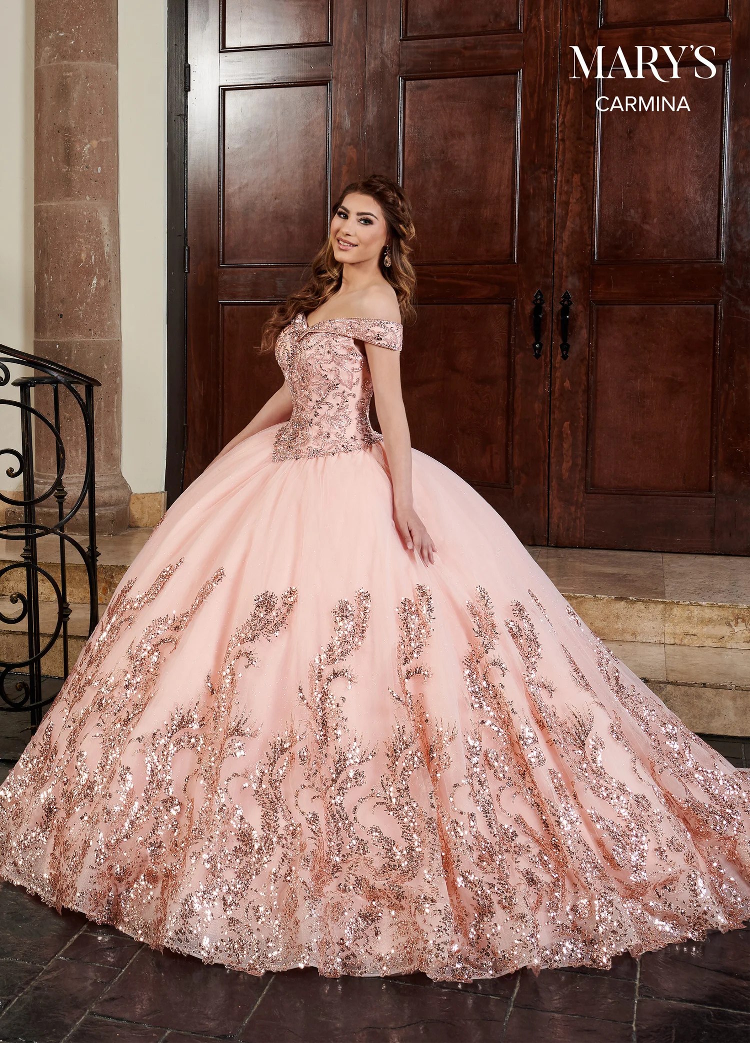 blush and gold quinceanera dress