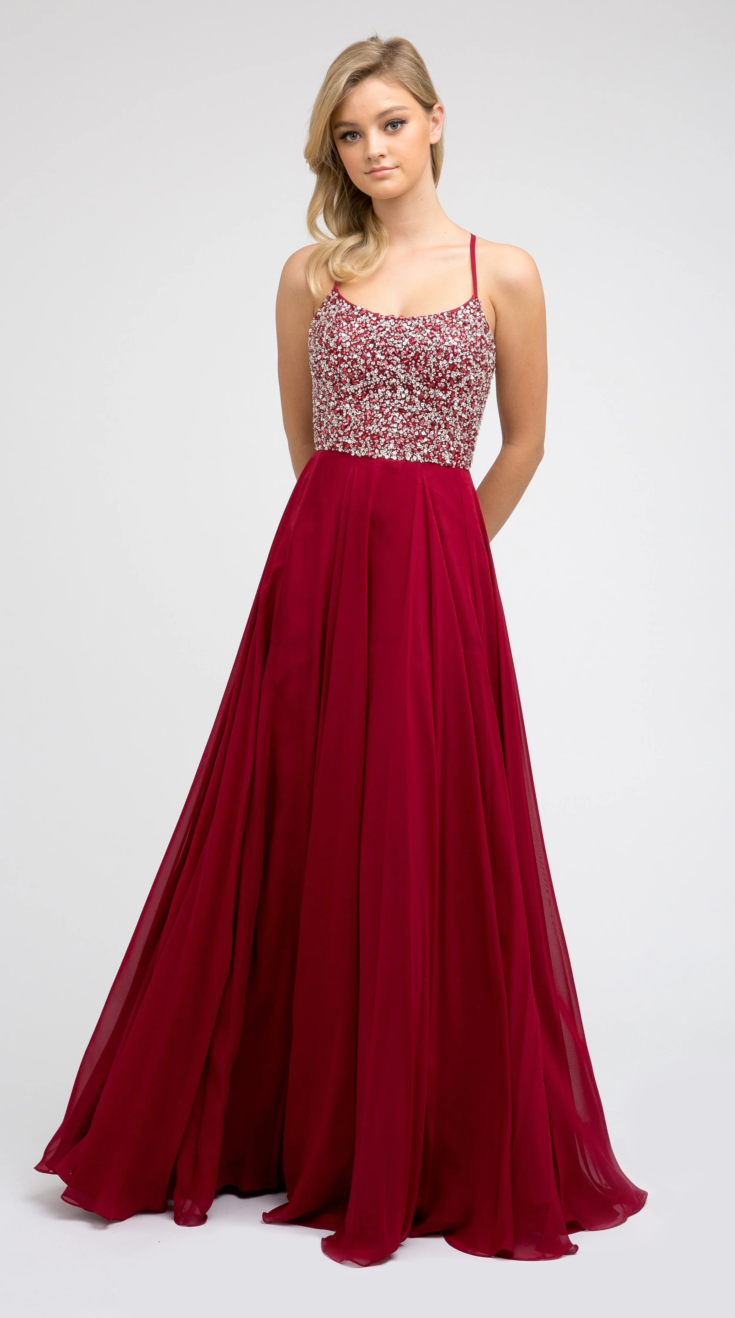 Burgundy Chiffon Beaded Dress- JT-00210 