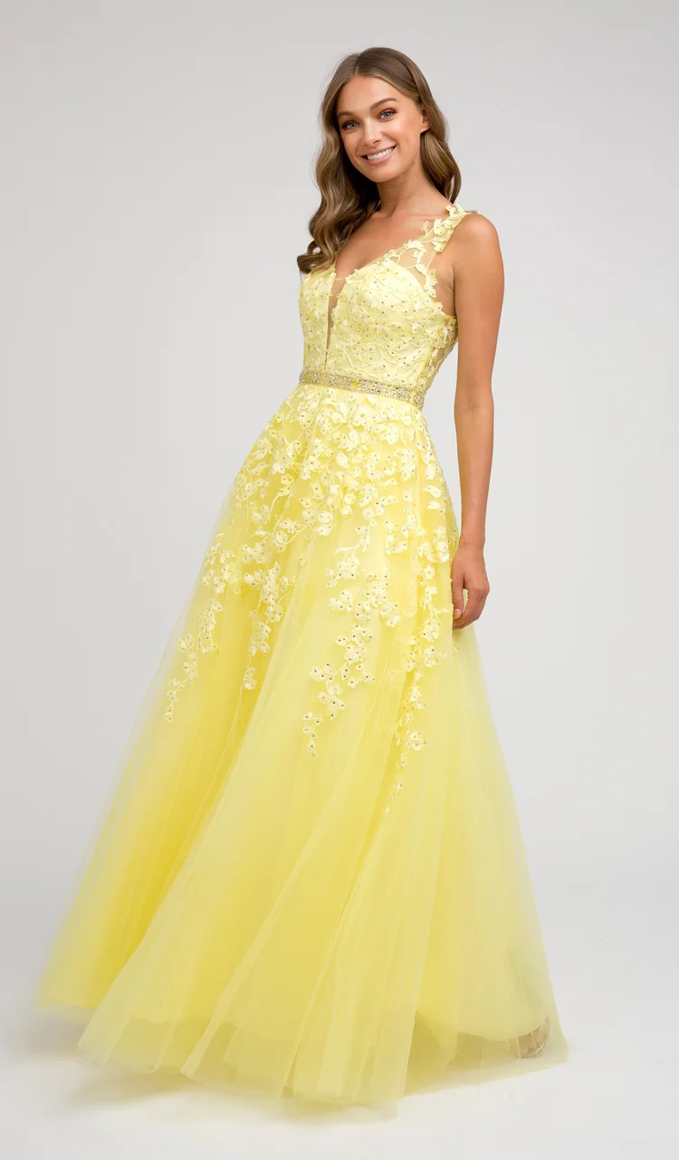 Yellow Floral Prom Dress- JT-00224 — Danielly's Boutique