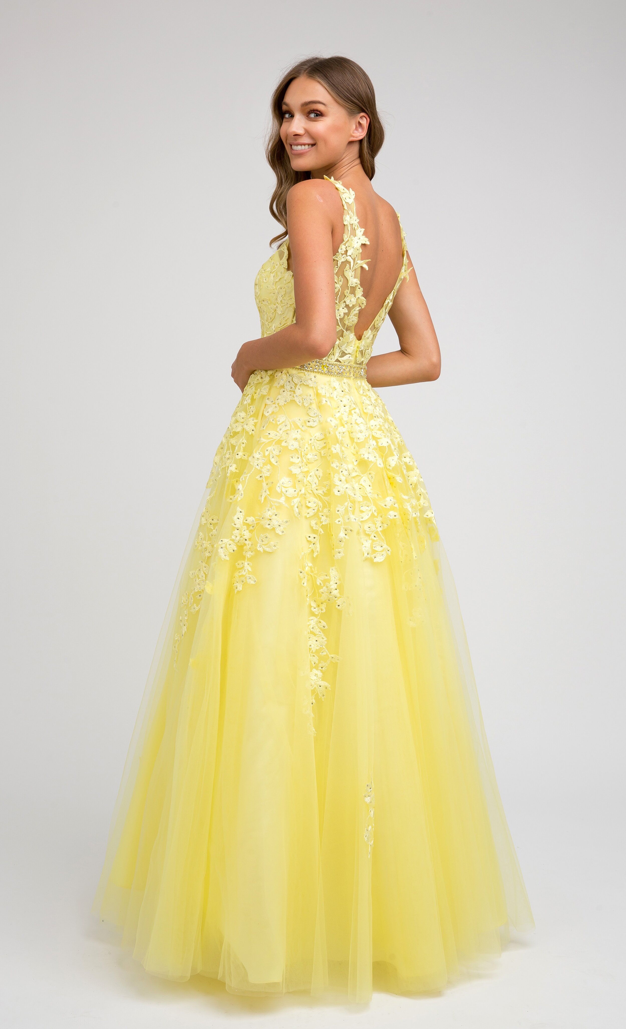 E 9008 - Satin A-Line Prom Gown with V-Neck & Open Lace Up Corset Back –  Diggz Formals