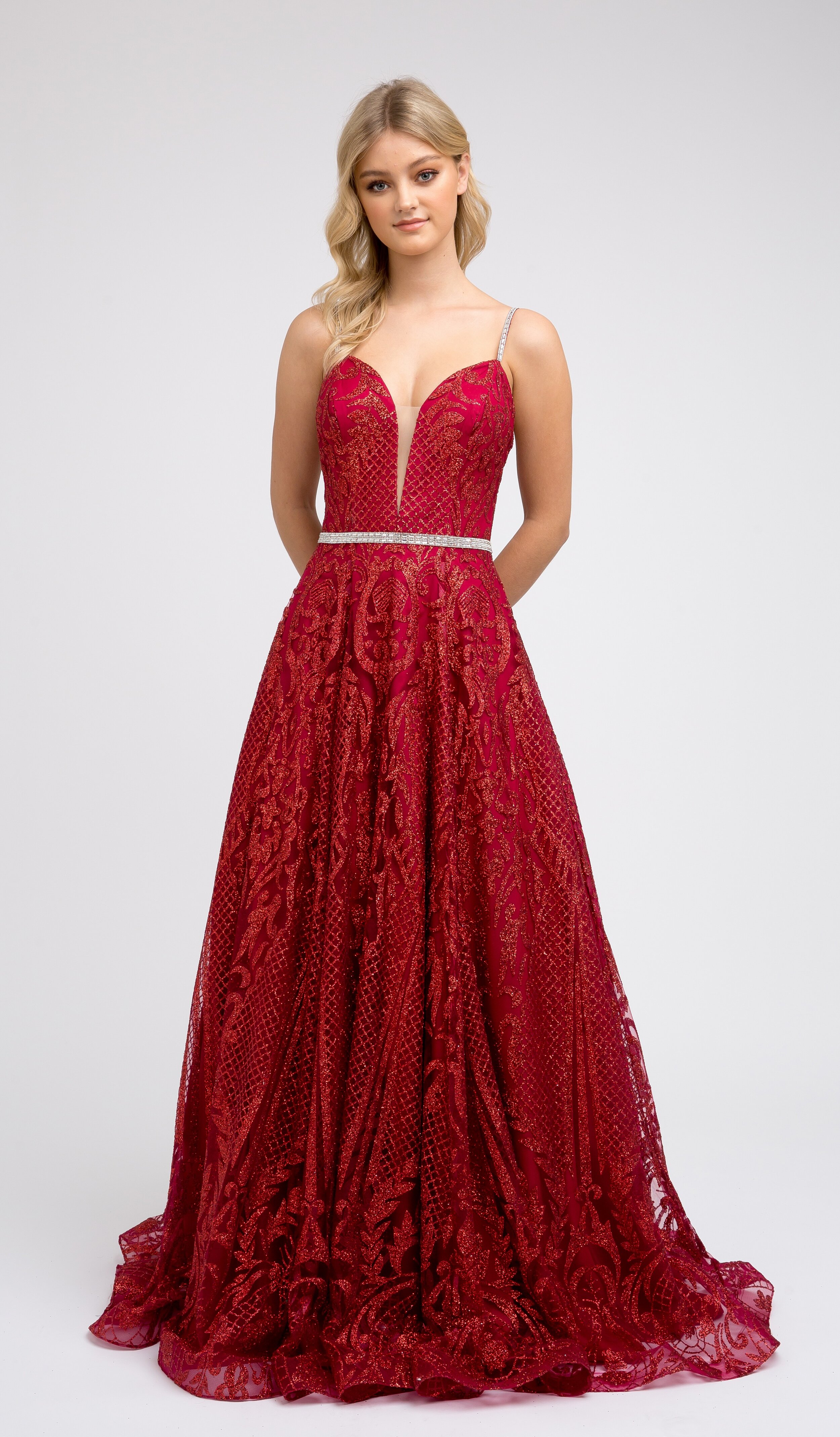 Burgundy Deep V Neck Ballgown- JT-00227 