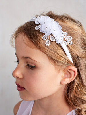 Wedding Bridal Flower Girl Hair Communion Rhinestone Beaded Headband Ribbon