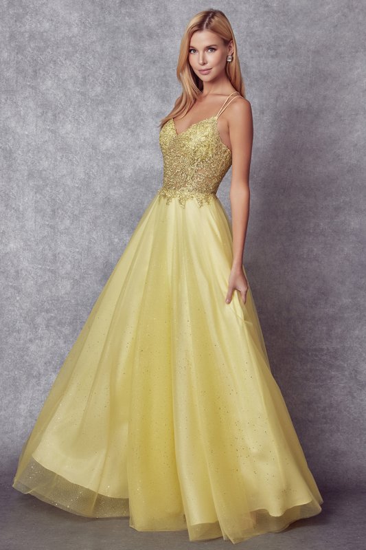 Yellow V Neck 3D Lace Tea Long Prom Dress, Yellow Evening Dress – shopluu