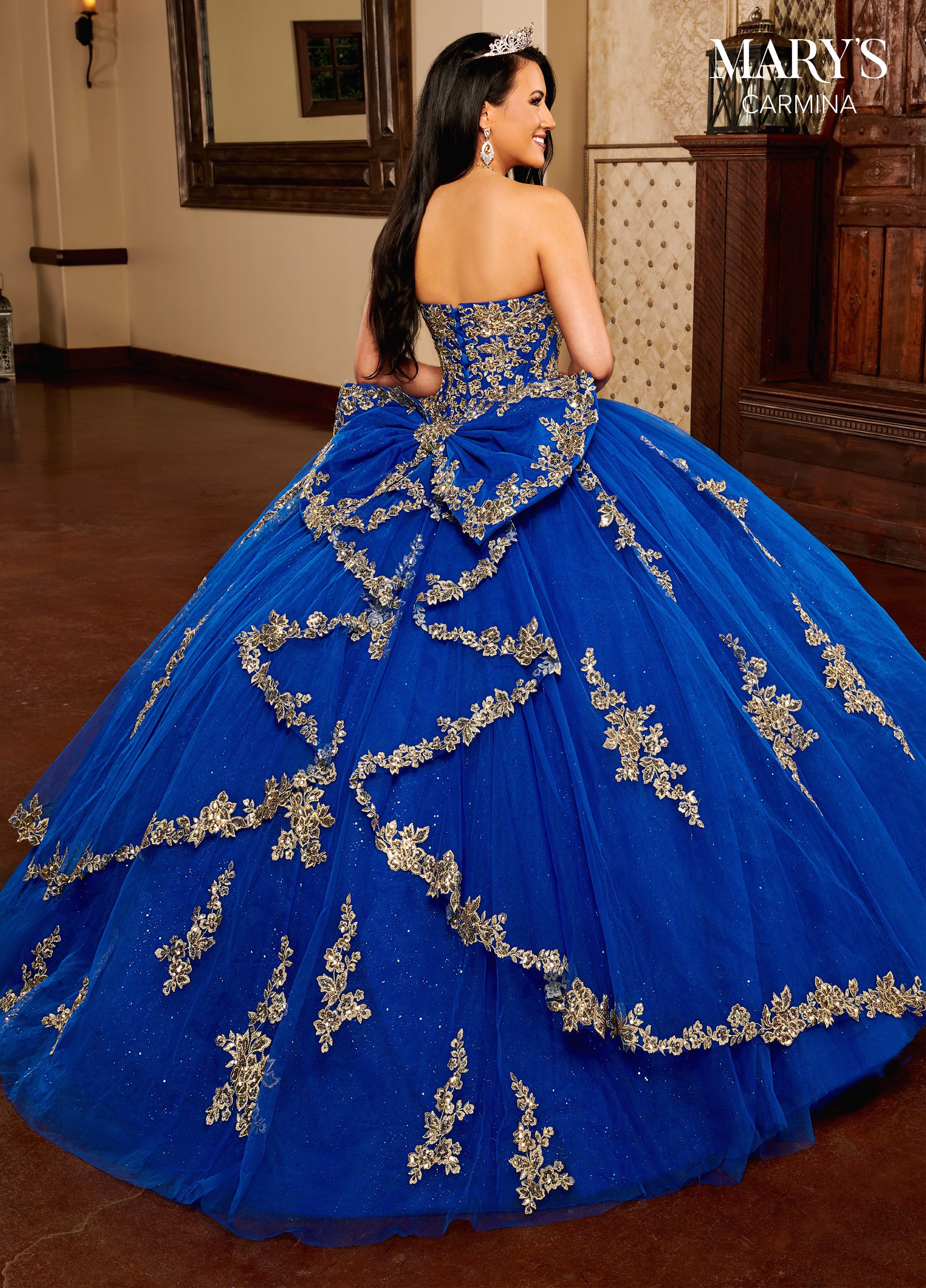 Royal Blue Ruffled Organza Crystal Quinceanera Dress