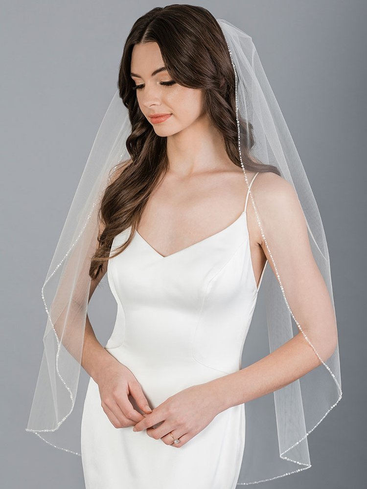 Bel Aire Bridal Veils V7133 - Wavy crystal edge fingertip veil (4 Colors  Available)