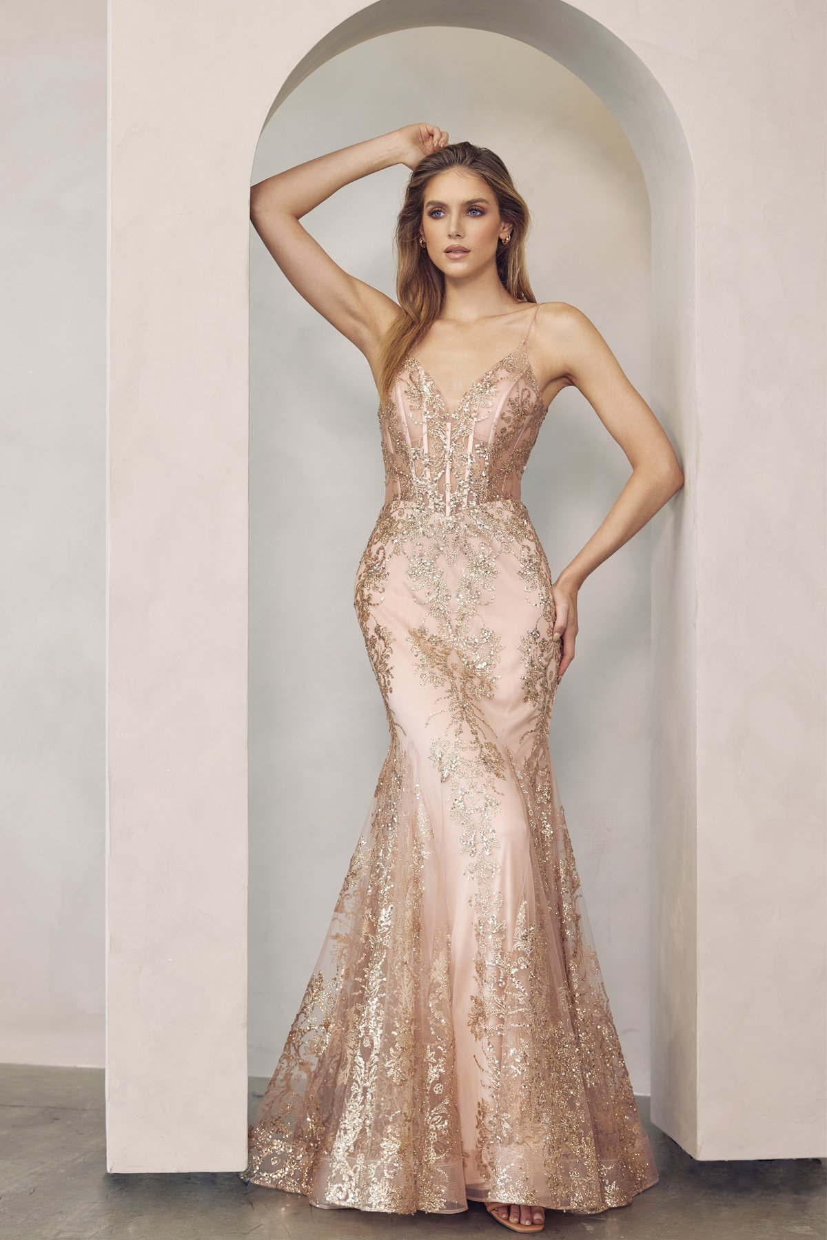 Detachable Sleeves Corset Strapless Tulle Rose-Gold Gown Divine CD948 –  Sparkly Gowns