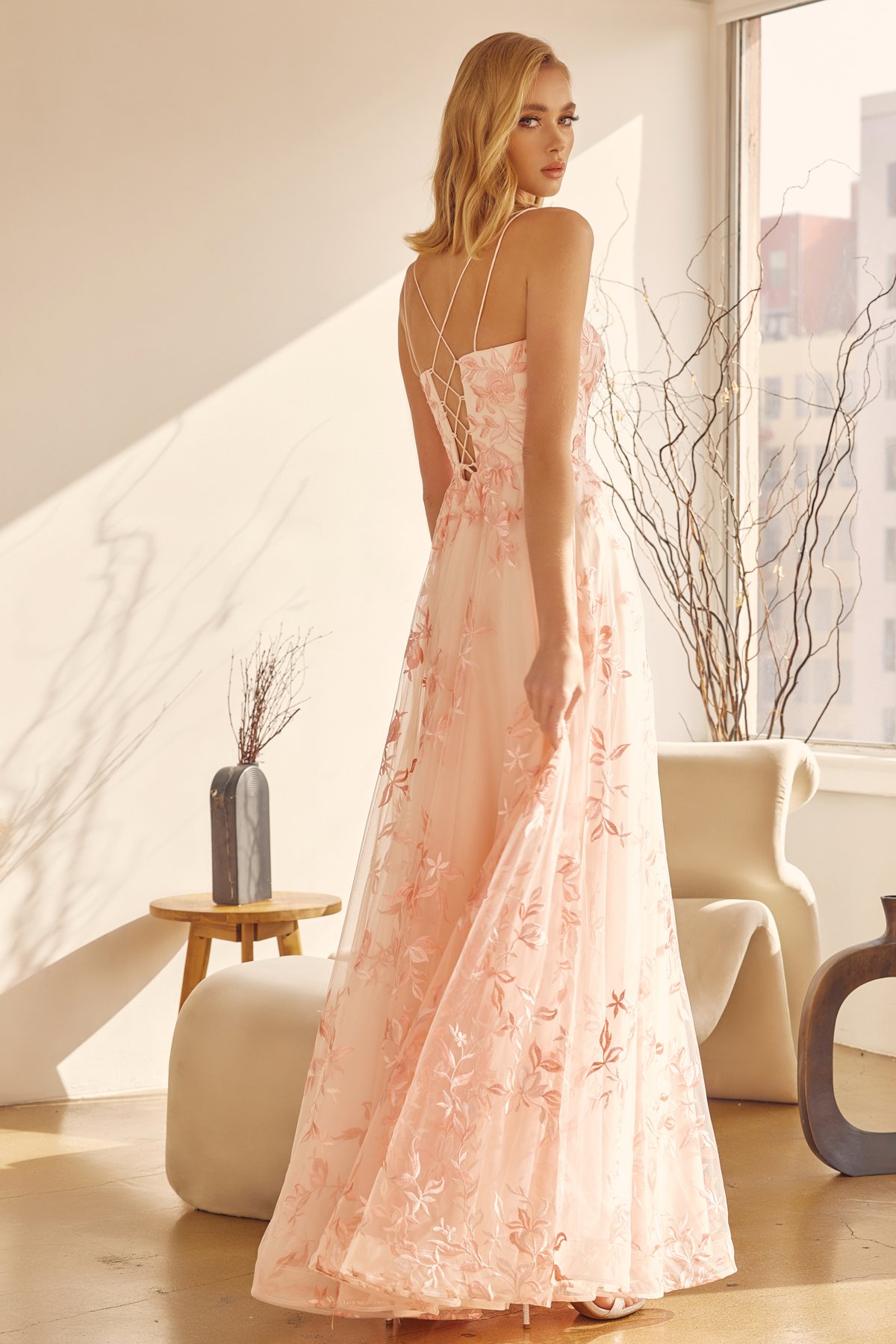 Claire Cutout Floral Georgette Gown  Pink DressCostarellos