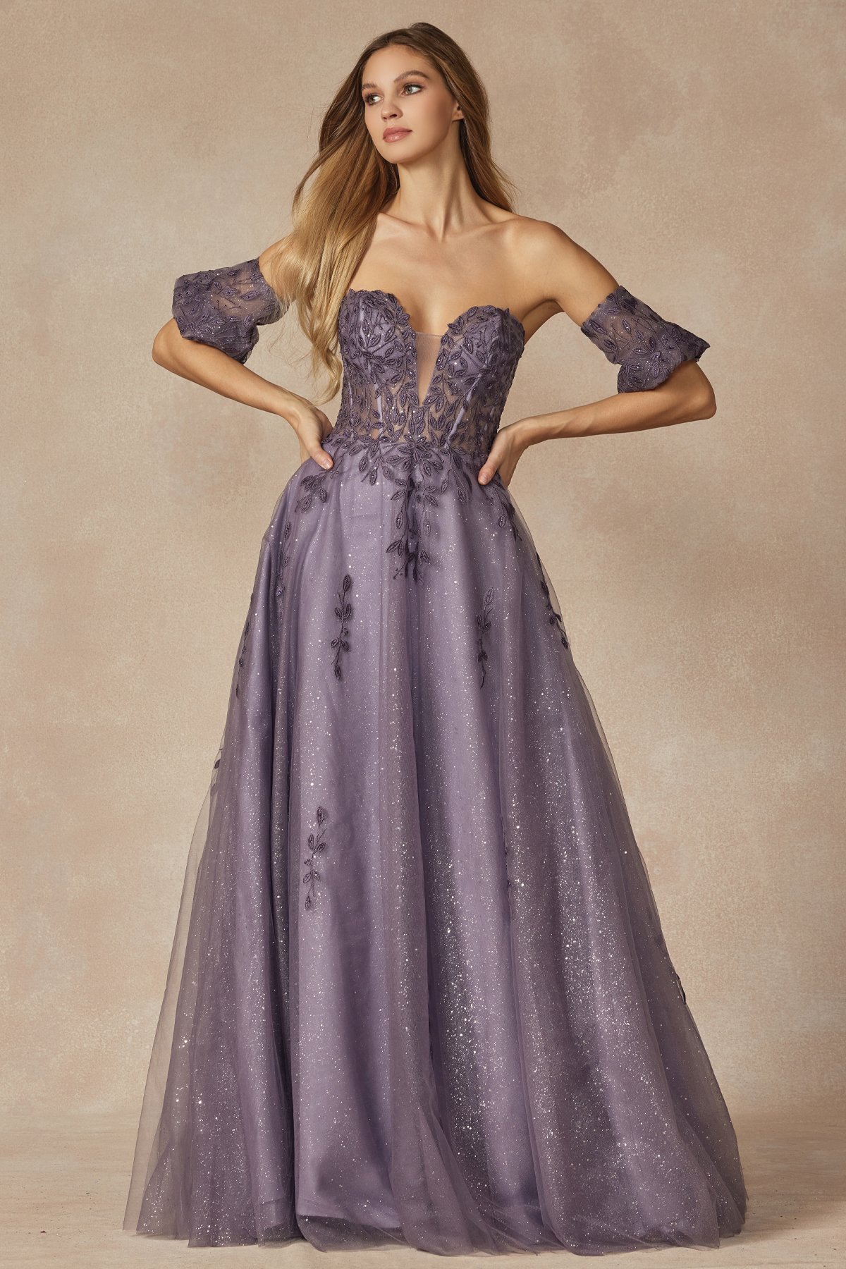 A beautiful Grey Purple prom dress, exuding elegance and charm, perfect for any special occasion.