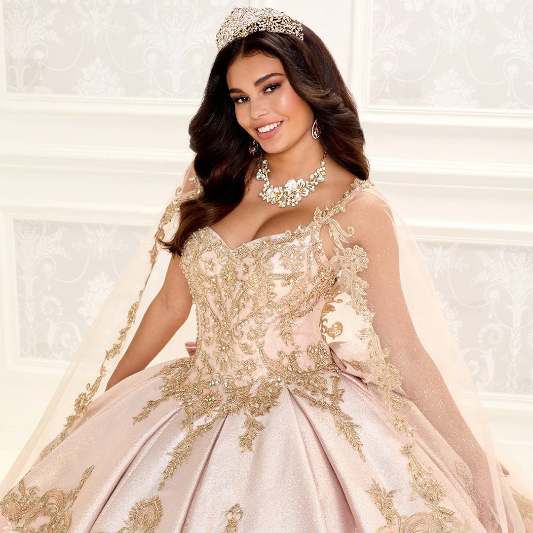 quince rose gold dresses High-Neck Princesa Quinceañera Dress PR12262 Forest/Rose / 00 The MQ1959 Dama dress for quinceañera in Rose Pink gold is the perfect blend of warmth Rose Gold Quinceañera Dress with