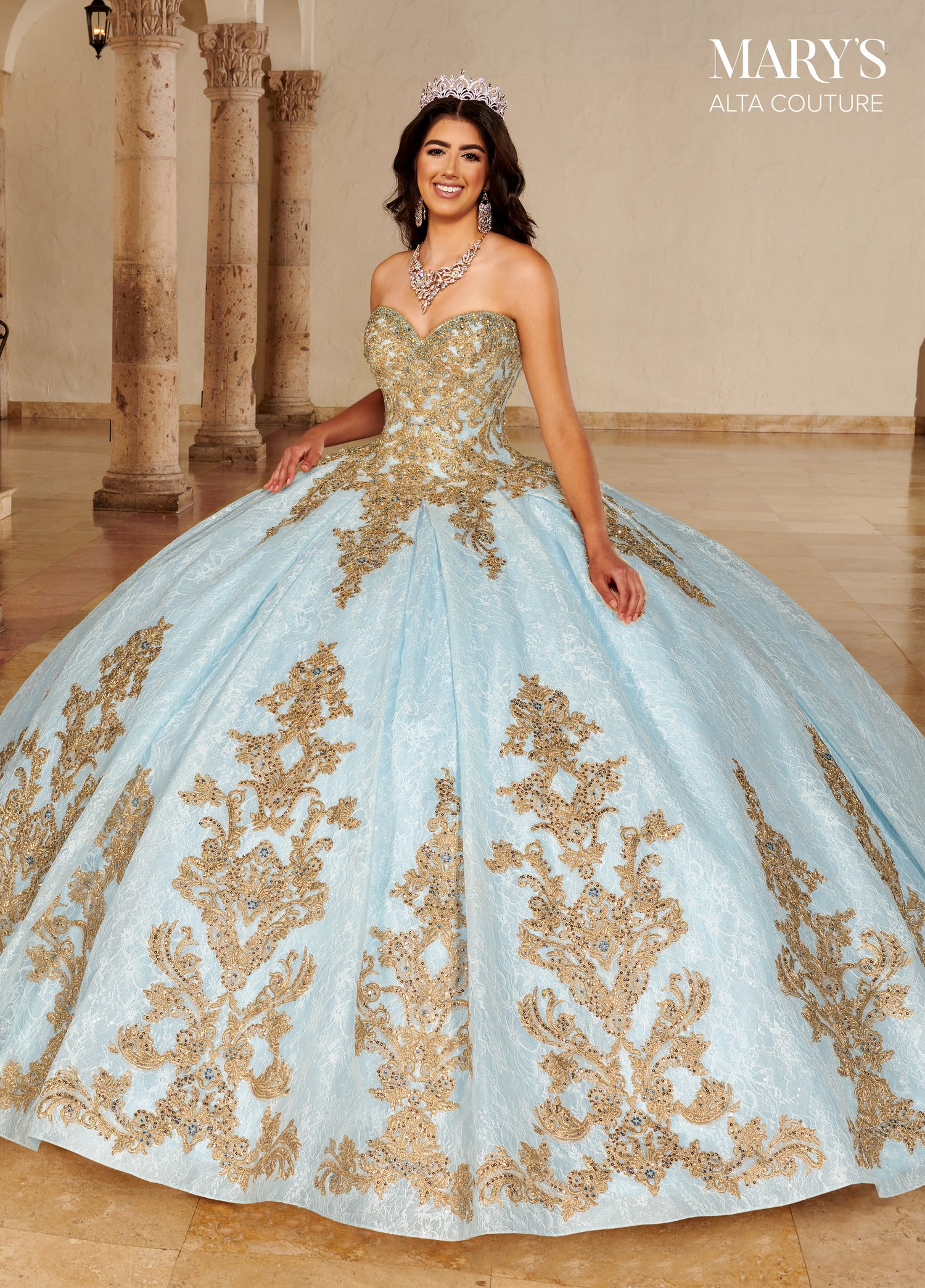 Sky Blue Lace and White Tulle Long Train Formal Gown - VQ