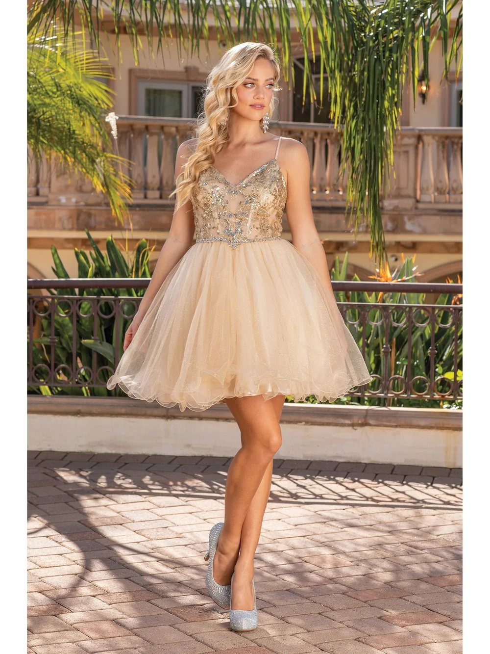 short gold dama dresses Square Neck Sequin Embellished Damas Dress