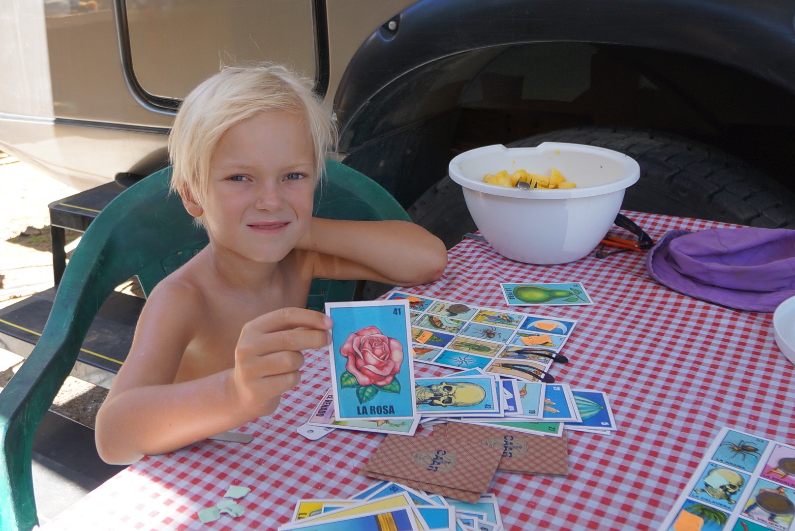 Playing a Spanish words game while camping in Sayulita.
