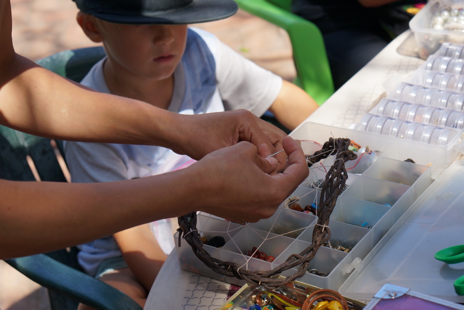 Learning to make dream catchers with ladies from Chiapas when we were in Lo De Marcos.