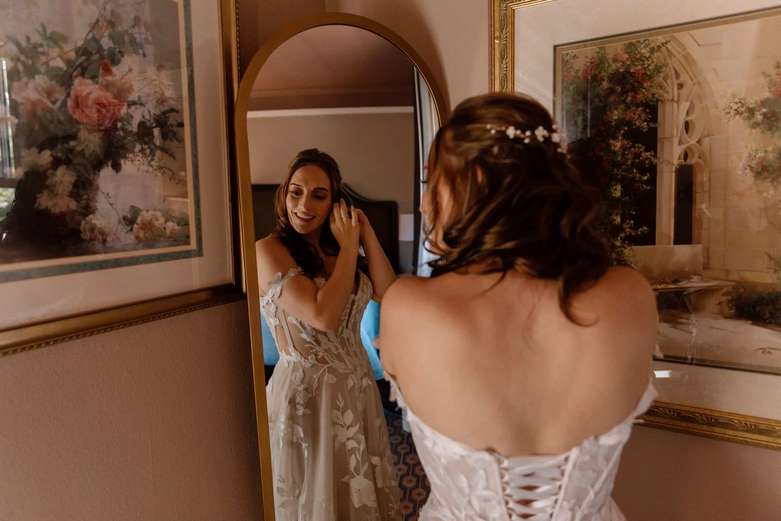 Bride getting ready for her Columbia Gorge elopement 