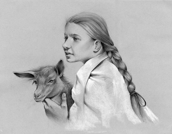 Camille with a Goat 24″ x 30″, charcoal on paper