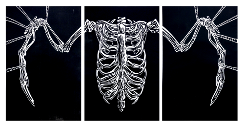 Your Bones on My Bones, Single color linocut on Japanese mulberry paper