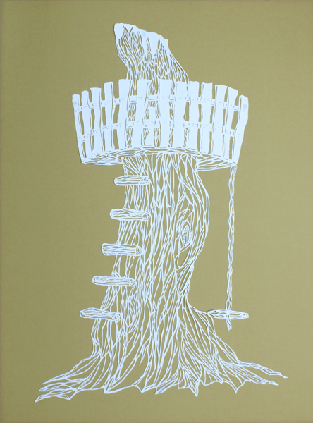 Treehouse 18″x24″, hand cut single sheet white paper mounted on gold