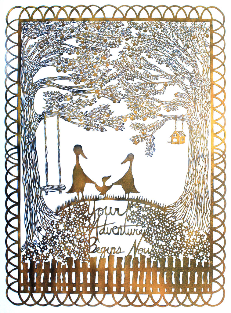 Your Adventure Begins Now 18″x24″, hand cut single sheet gold paper mounted on white