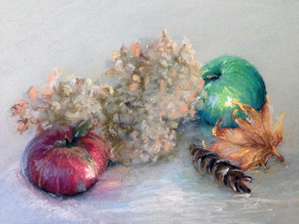 Fall Apples – White 9″x12″, pastels on paper