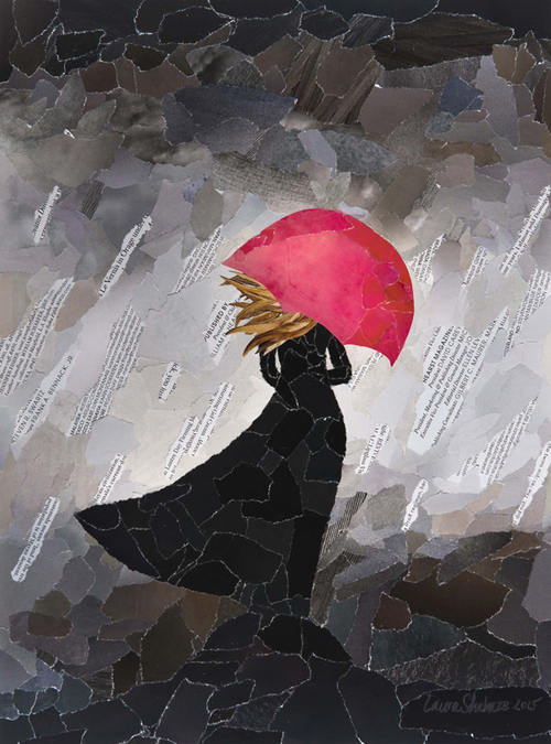 Red Umbrella Magazine paper collage, 14"x11"