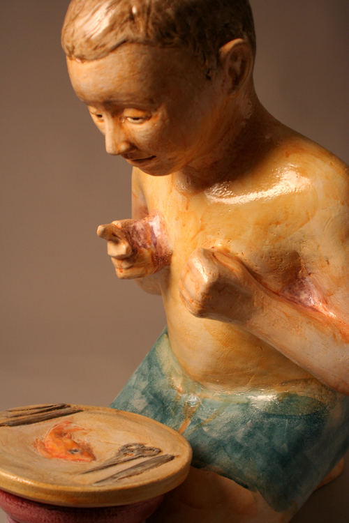 Missing Link – Missing Ring (detail) Terra cotta and maiolica, appx 30″ x 18″ x 22″
