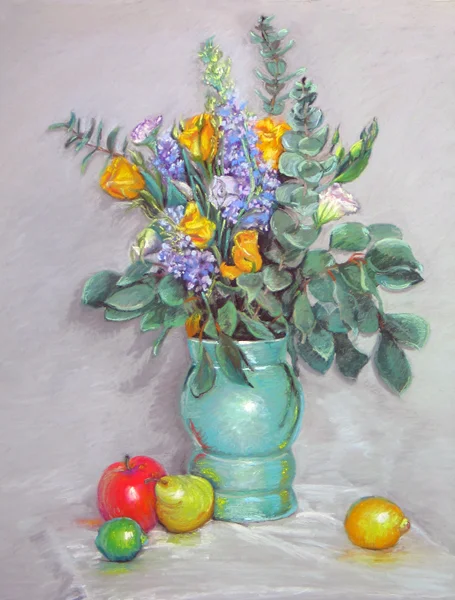 Yellow Roses in a Green Vase 30.5″x25″, pastels on paper