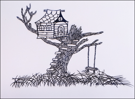 Treehouse 20"x 24", hand cut single sheet black paper mounted on white