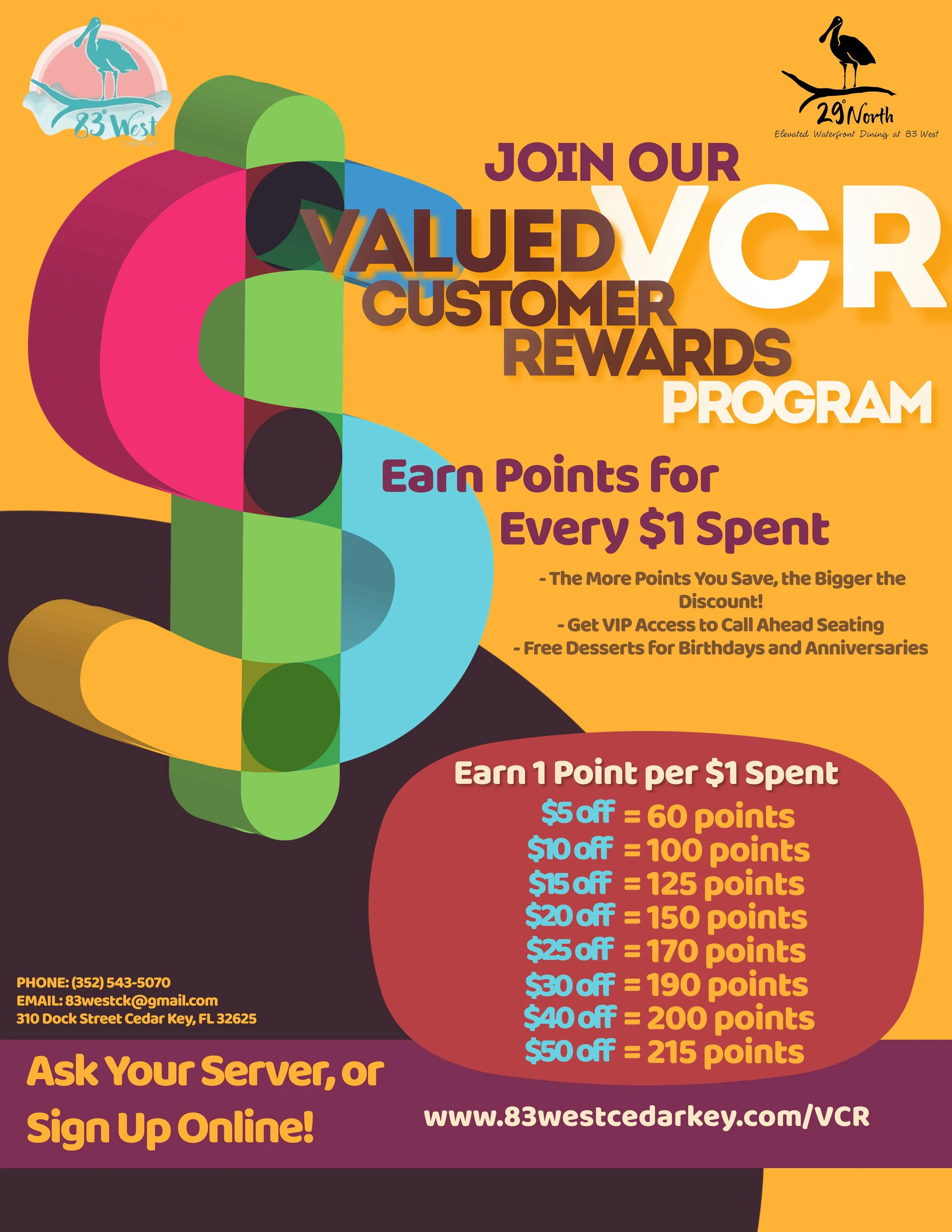 Valued Customer Rewards Program — The Restaurants at 83 West