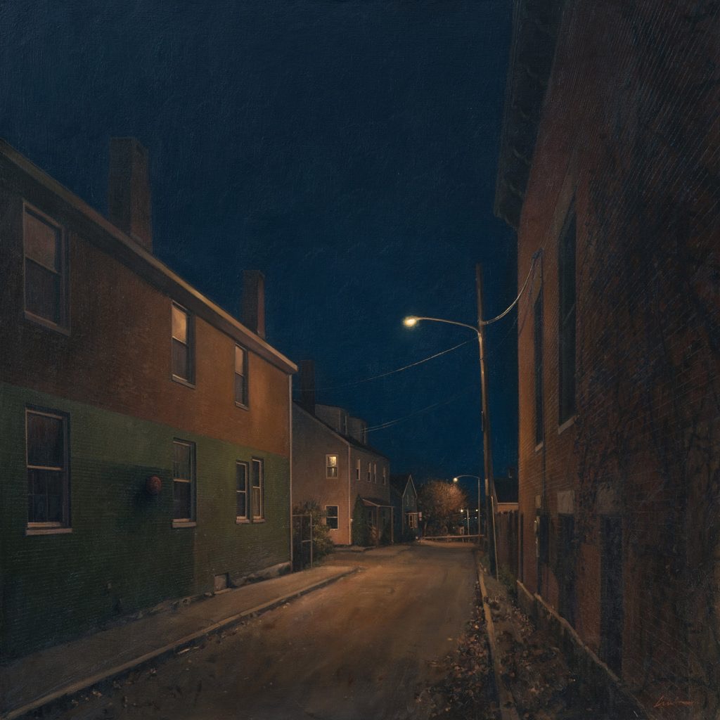 Night Off , oil on linen 36 x 36. During his artist talk, Linden said that our conversations after I saw the study inspired him to add a barrier at the end of the road, making it an alley (I had titled my story "Alley's End.") "A true collaboration," he said, and I felt so honored.