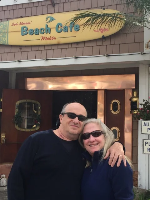 Maureen and Olivier at Paradise Cove--a winter visit, the year after the sunscreen episode.