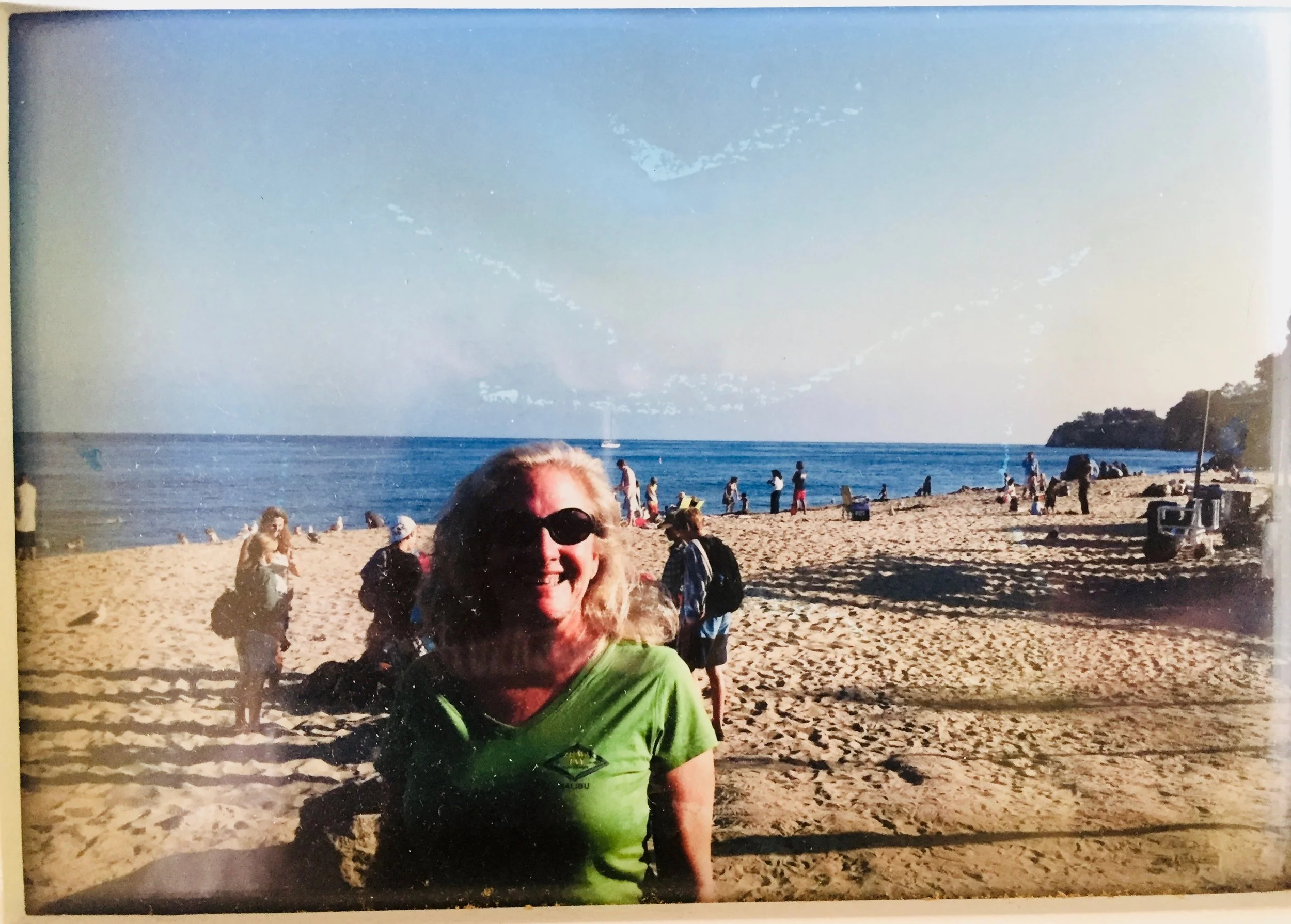My sister Maureen after discovering the secret of sunscreen (*more on this photo at the end of the post).