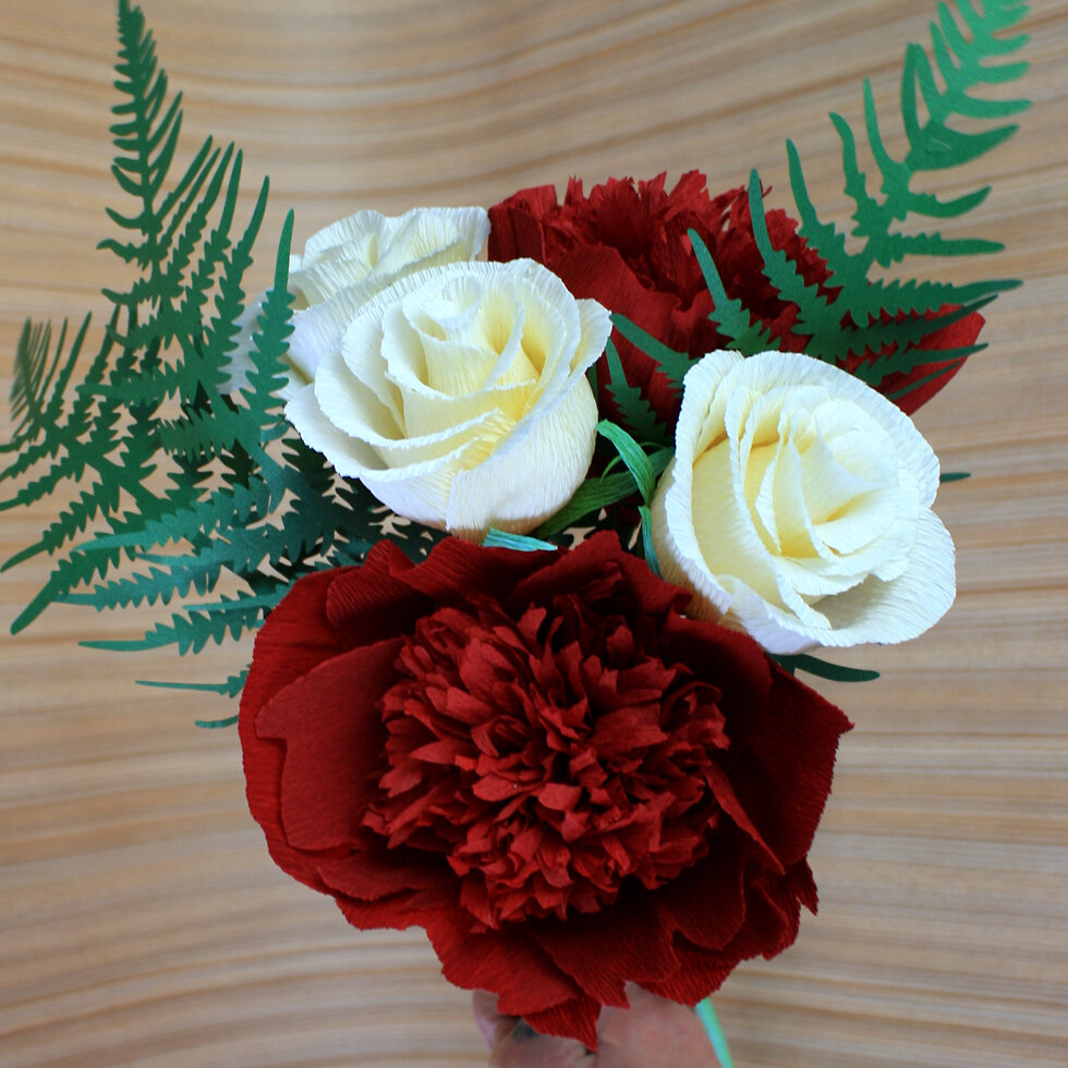 CREPE PAPER RUBY ROSE VALENTINE'S FLOWER BOUQUET — PAPERCRAFT MIRACLES LLC