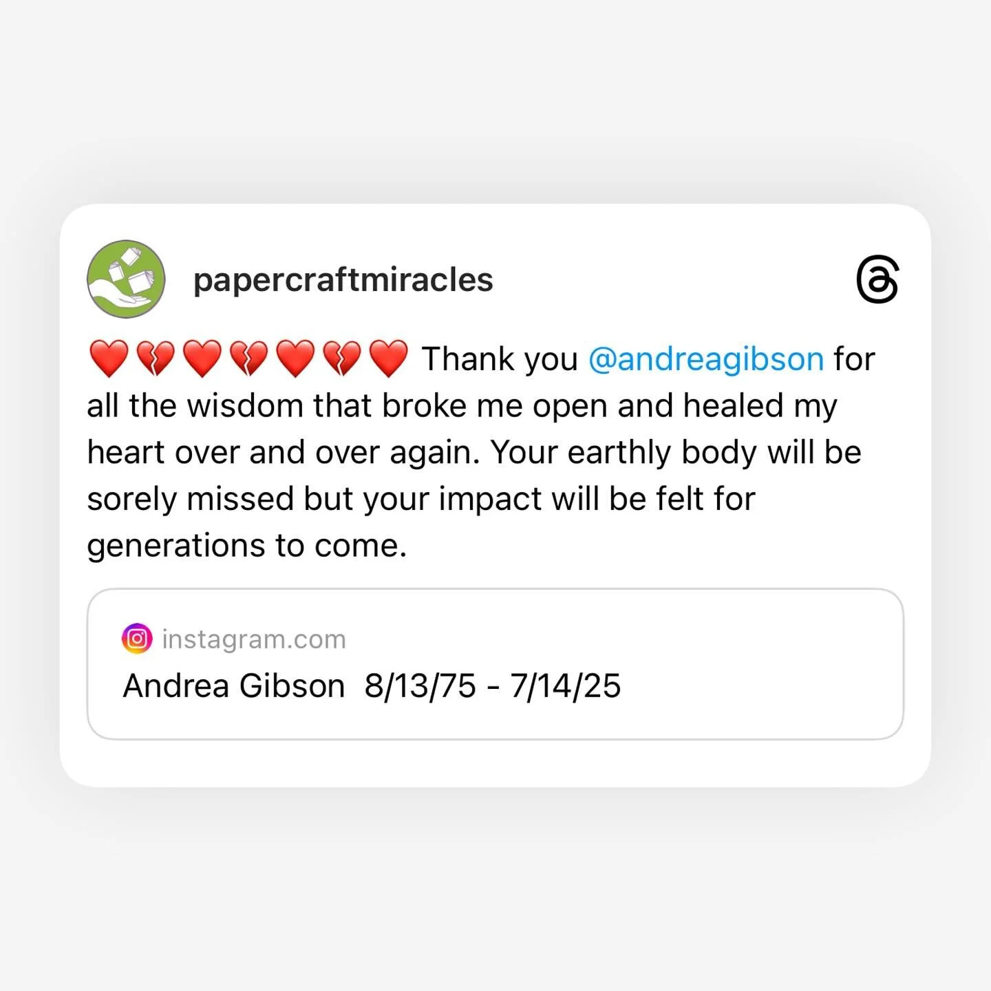 “I’m gonna run death like a stop sign and keep going.” 
RIP @andreagibson Legend. Absolute legend. 
I’m not sure a poet has ever affected my life the way you have and I know you have done the same for millions of others. You