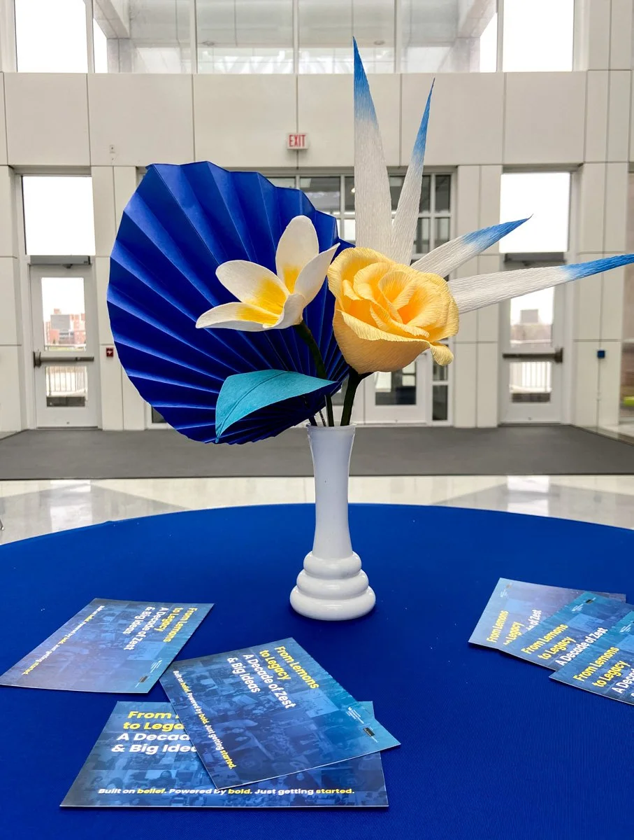 Yellow and Royal Blue Paper flower centerpiece