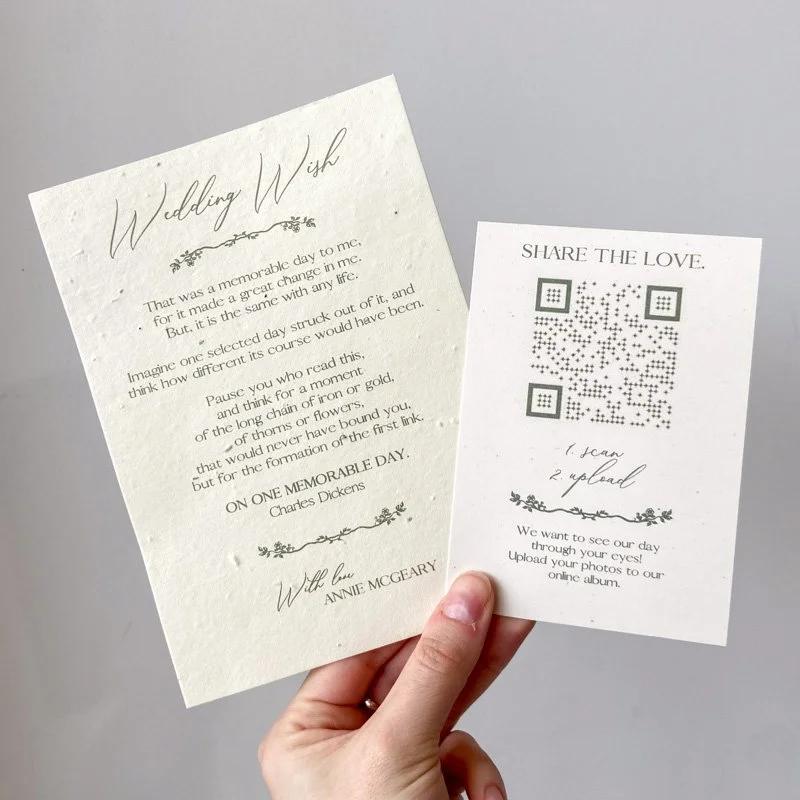 Handmade wedding wish card and QR code photo sharing card printed on textured paper