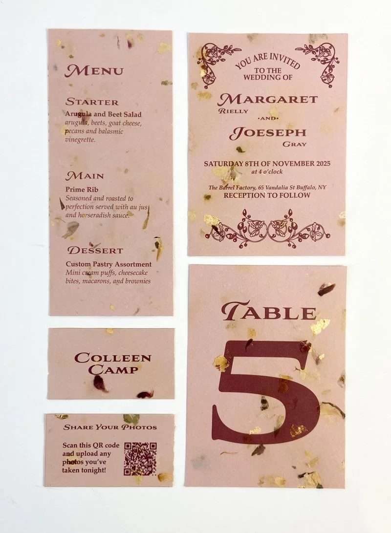 Pink handmade paper wedding stationery with invitation, menu, place card, table number and QR code card