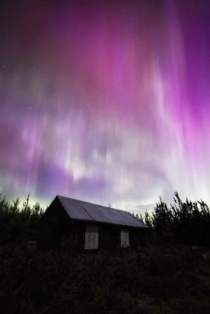 Southern lights illuminating the night sky above a dark house and surrounding trees.
