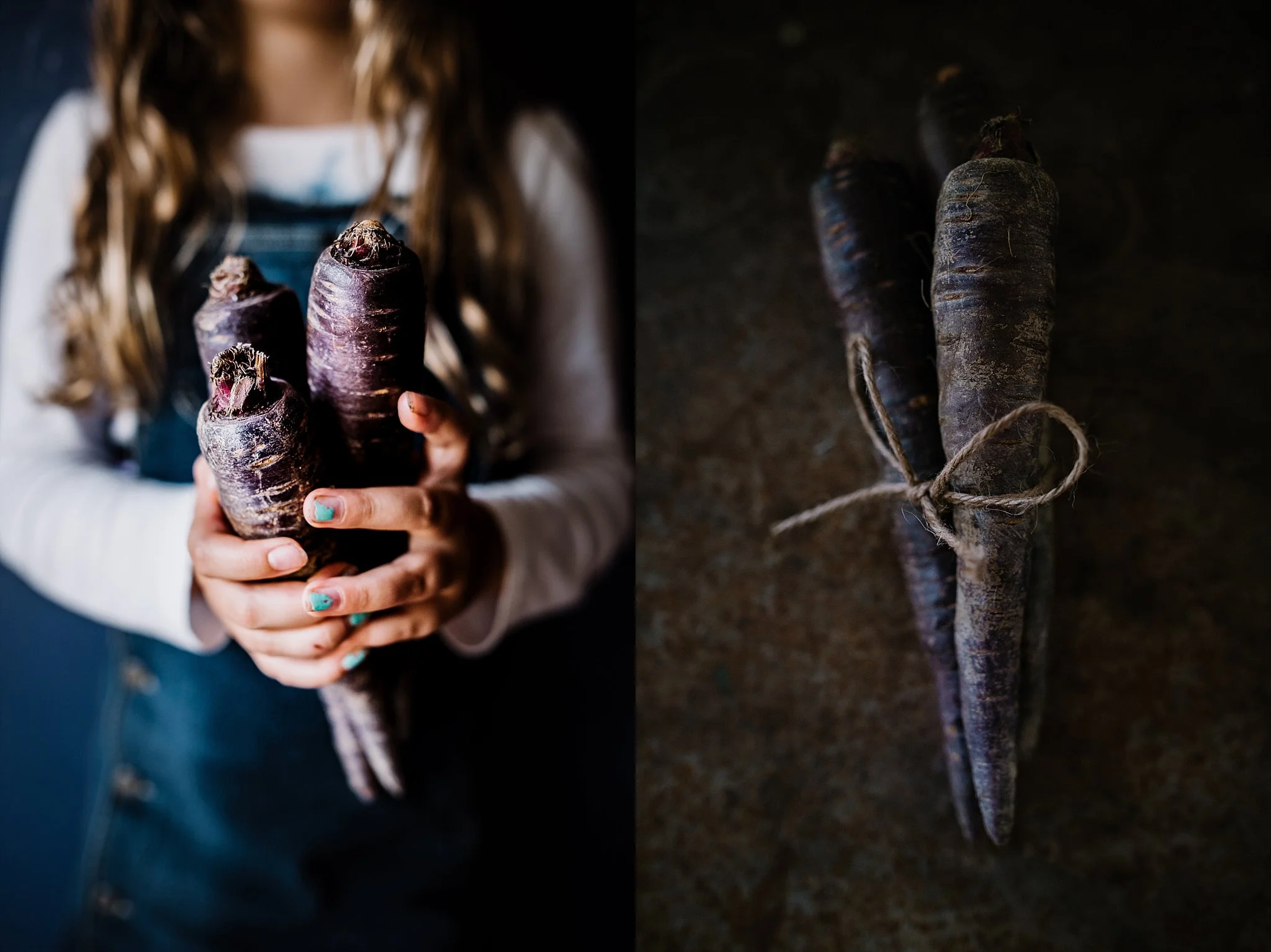 A girl holding a bunch or purple carrots by Sydney photographer, Cindy Cavanagh.